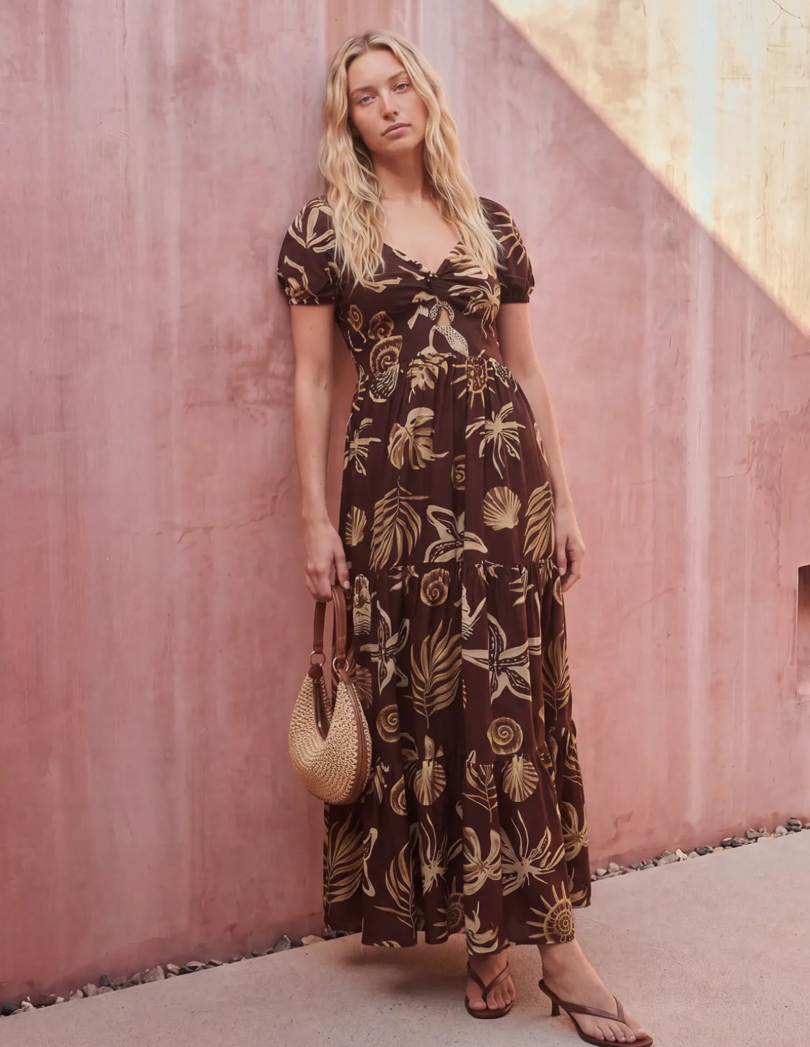 Shell Knot Front Puff Sleeve Midi Dress