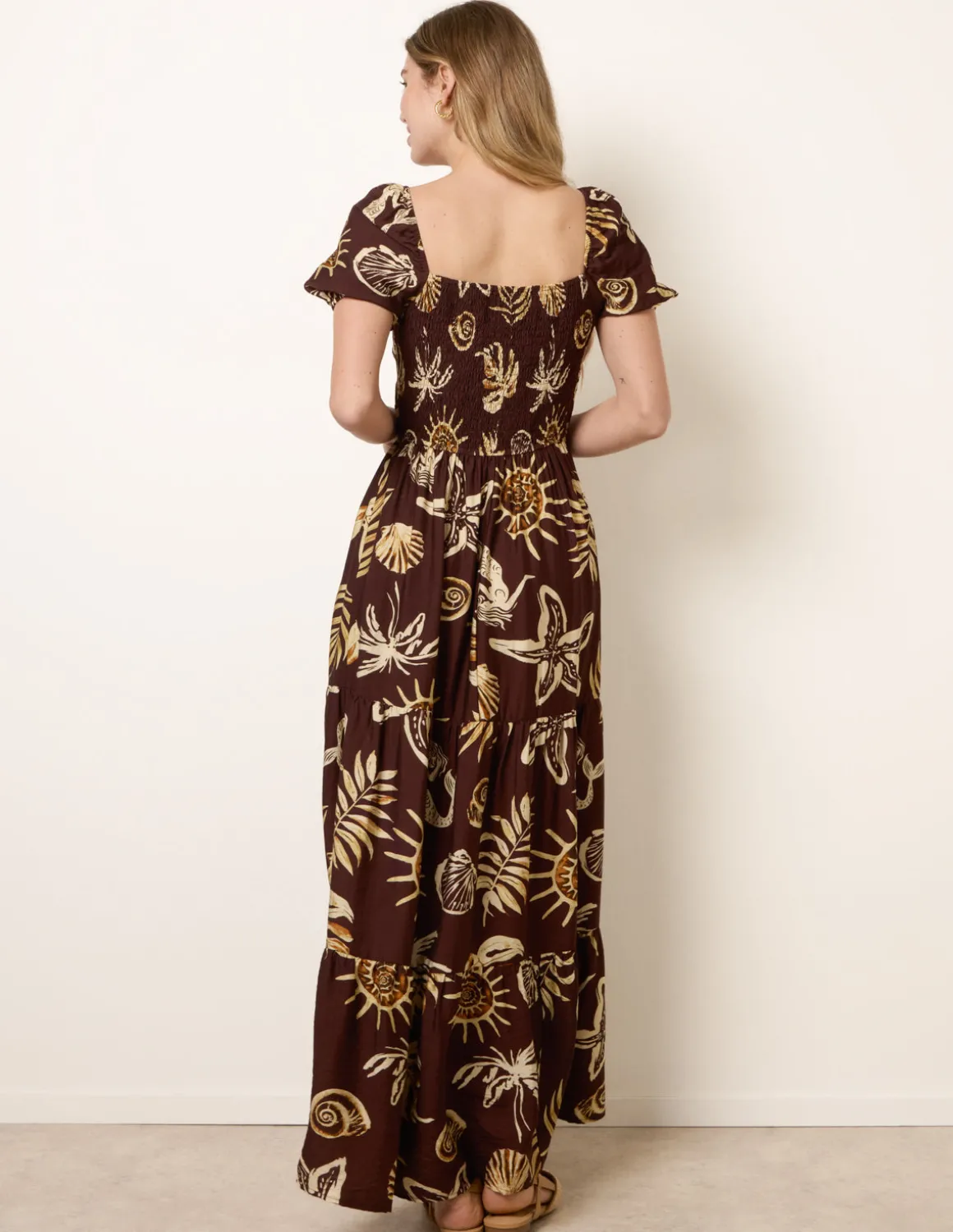 Shell Knot Front Puff Sleeve Midi Dress