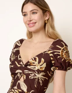 Shell Knot Front Puff Sleeve Midi Dress