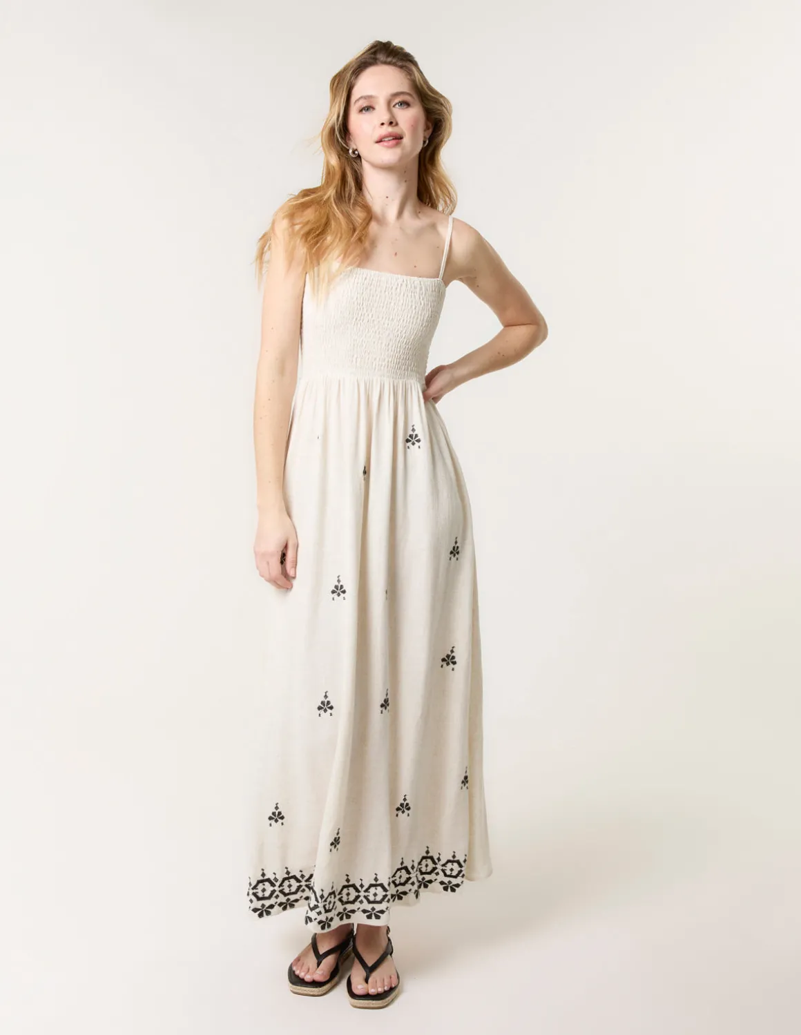 Shirred Bandeau Linen Maxi Dress