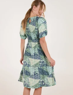 Shirred Bust Puff Sleeve Patchwork Mini Dress
