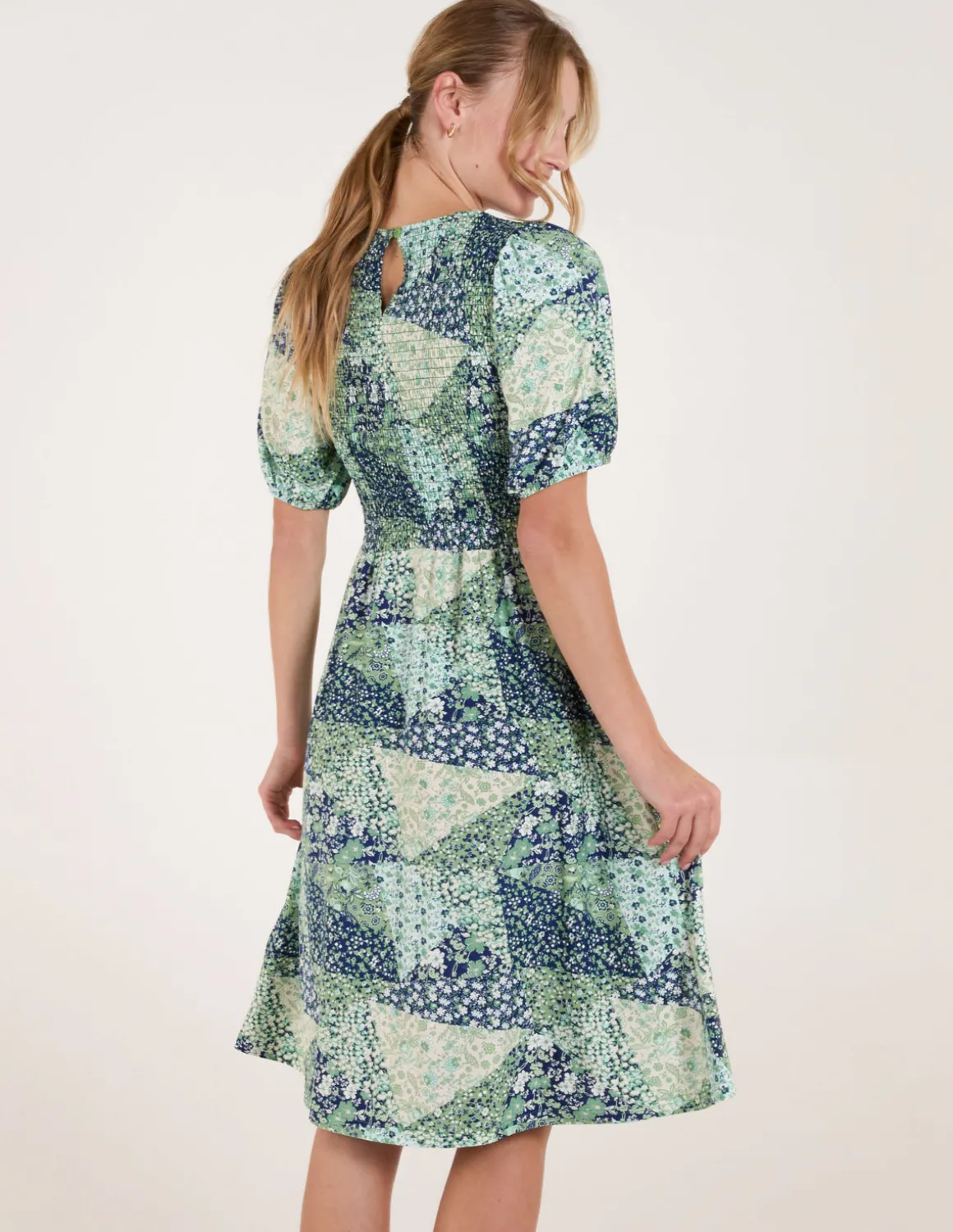 Shirred Bust Puff Sleeve Patchwork Mini Dress