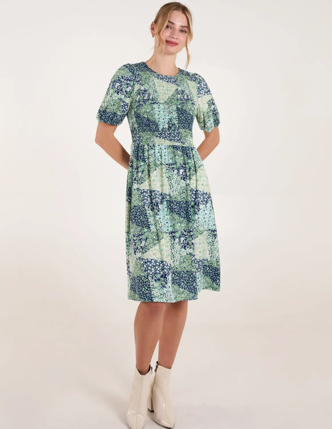 Shirred Bust Puff Sleeve Patchwork Mini Dress