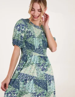 Shirred Bust Puff Sleeve Patchwork Mini Dress
