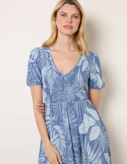 Shirred Button V Neck Midi Dress