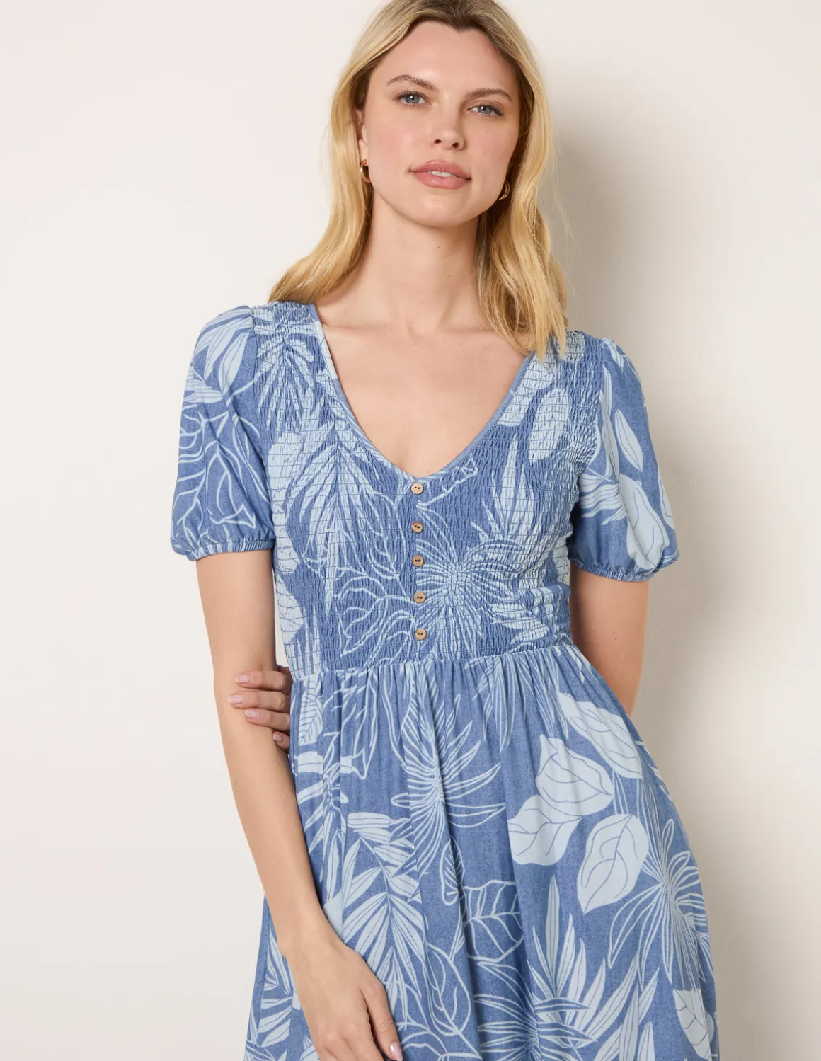 Shirred Button V Neck Midi Dress