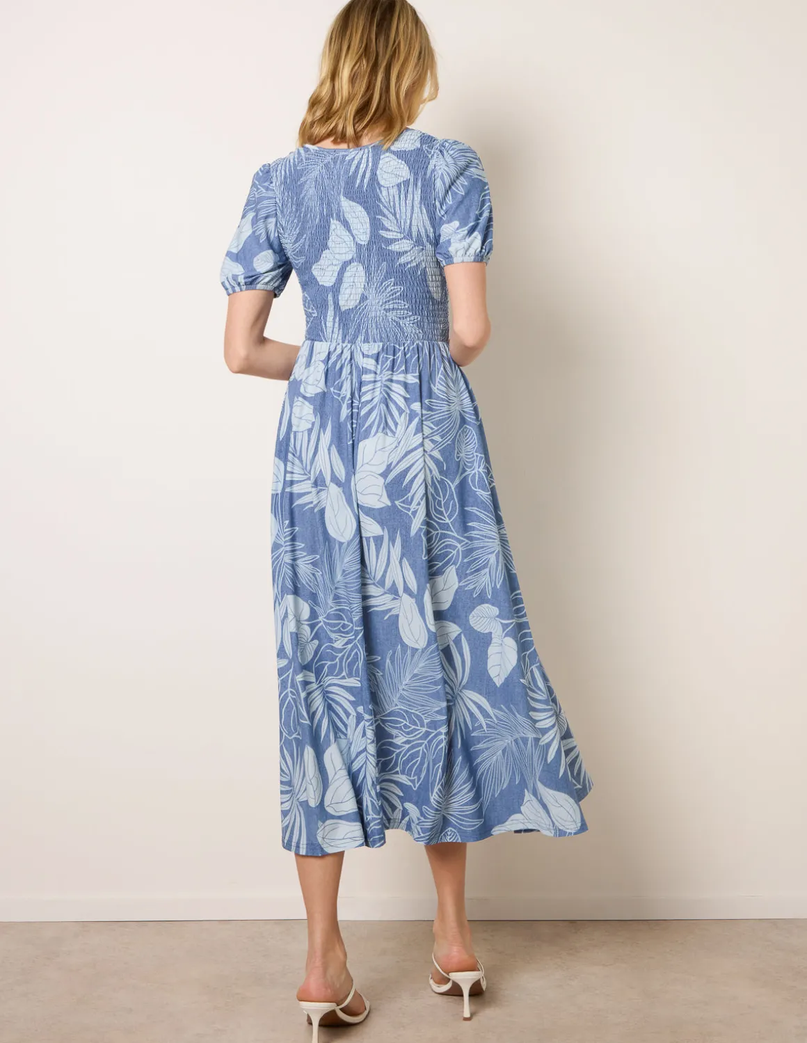Shirred Button V Neck Midi Dress