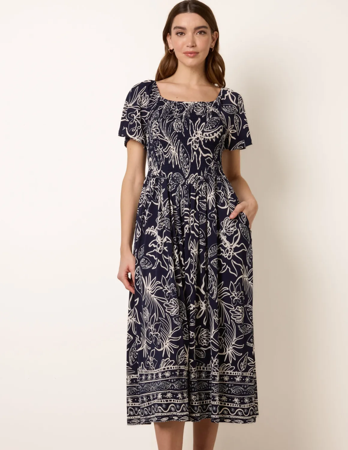 Shirred Drop Waist Midi Dress