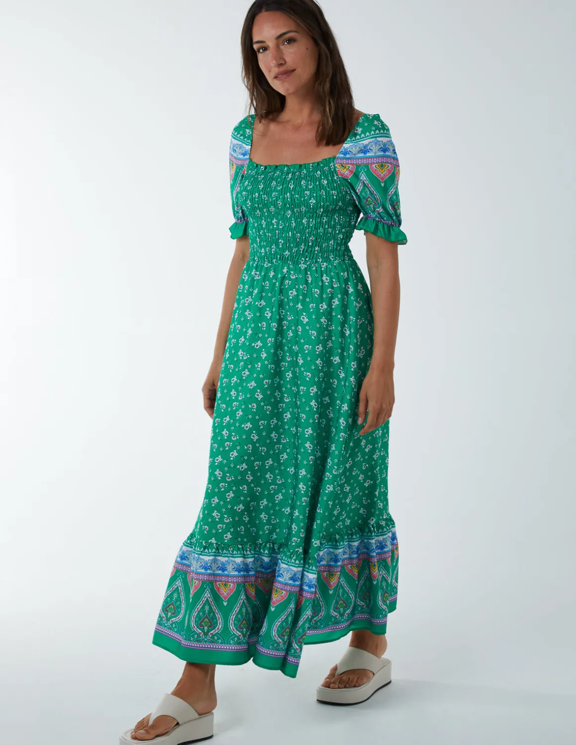 Shirred Floral Maxi Dress