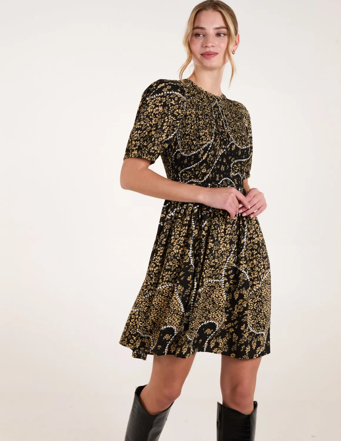Shirred Front Puff Sleeve Mini Dress