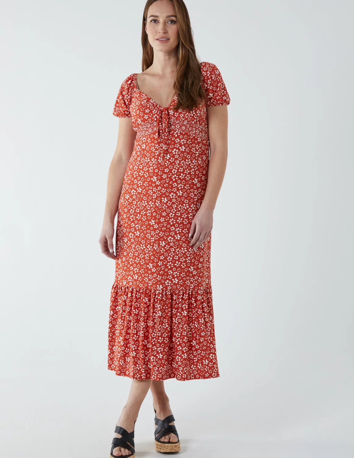 Shirred Milkmaid Sweetheart Midi Dress