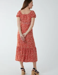 Shirred Milkmaid Sweetheart Midi Dress