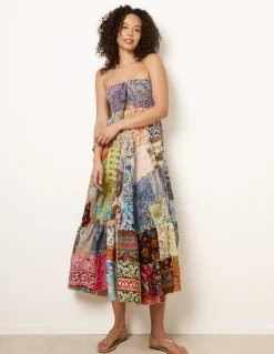 Shirred Patchwork Art Bandeau Dress