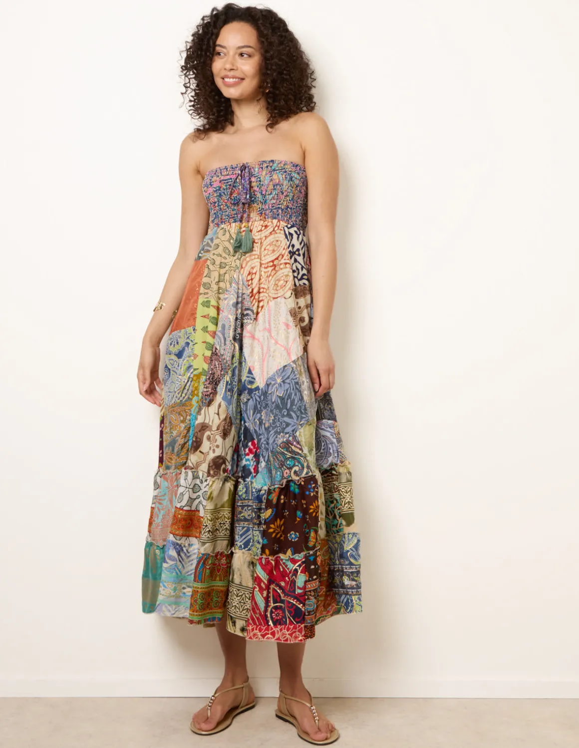 Shirred Patchwork Art Bandeau Dress