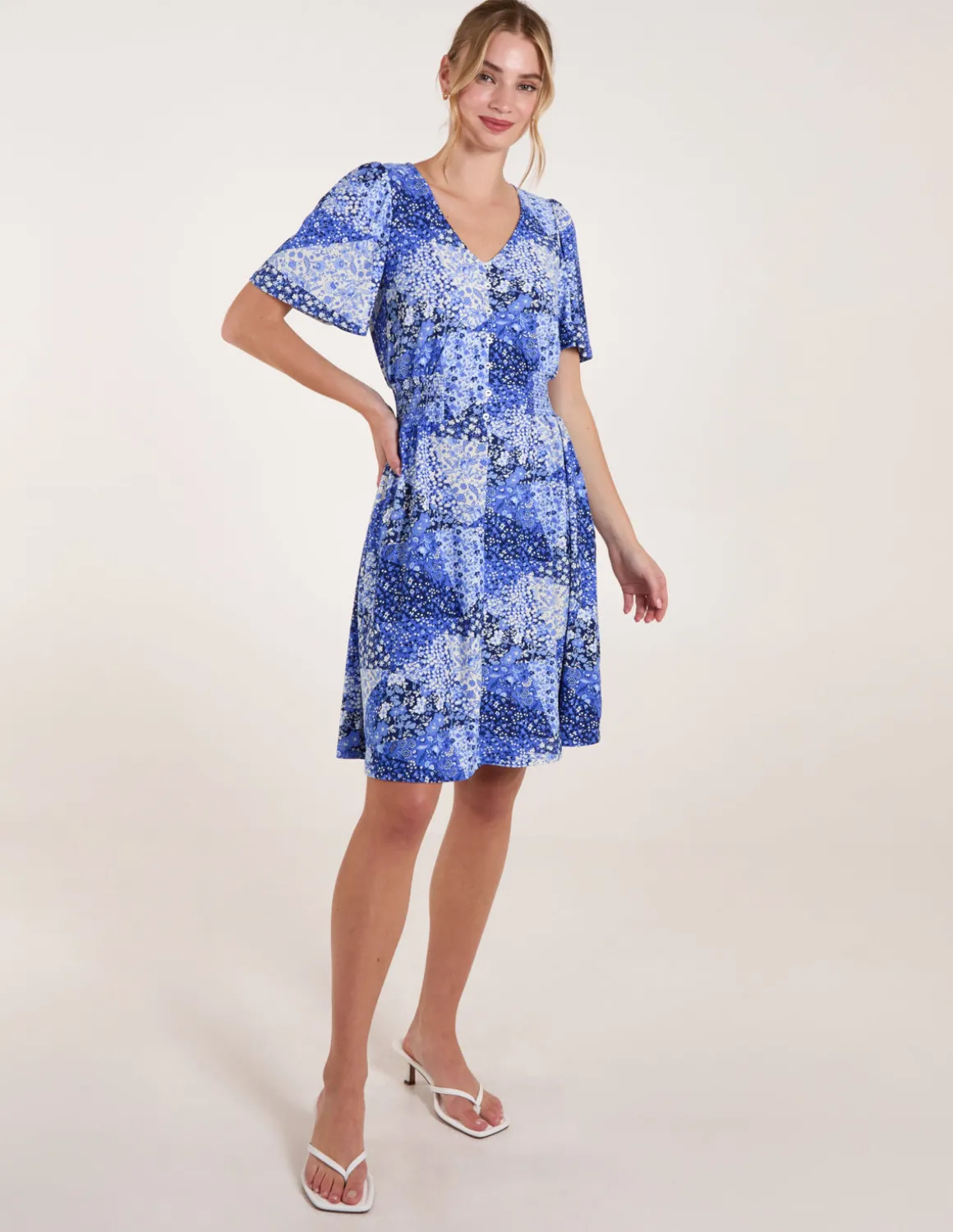 Shirred Waist Button Front Patchwork Mini Dress