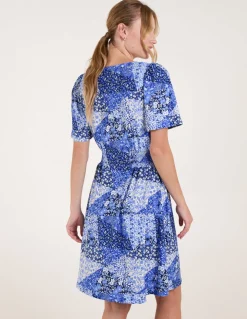 Shirred Waist Button Front Patchwork Mini Dress