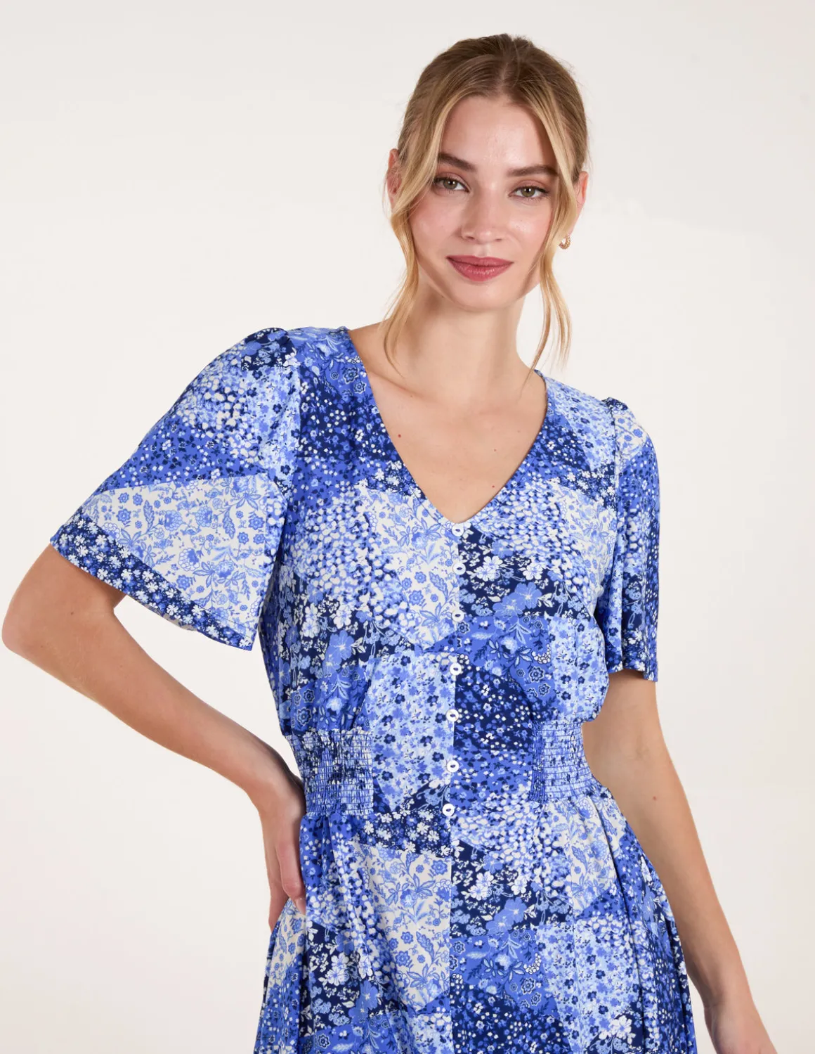 Shirred Waist Button Front Patchwork Mini Dress