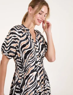 Shirred Waist Button Front Puff Sleeve Midi Dress