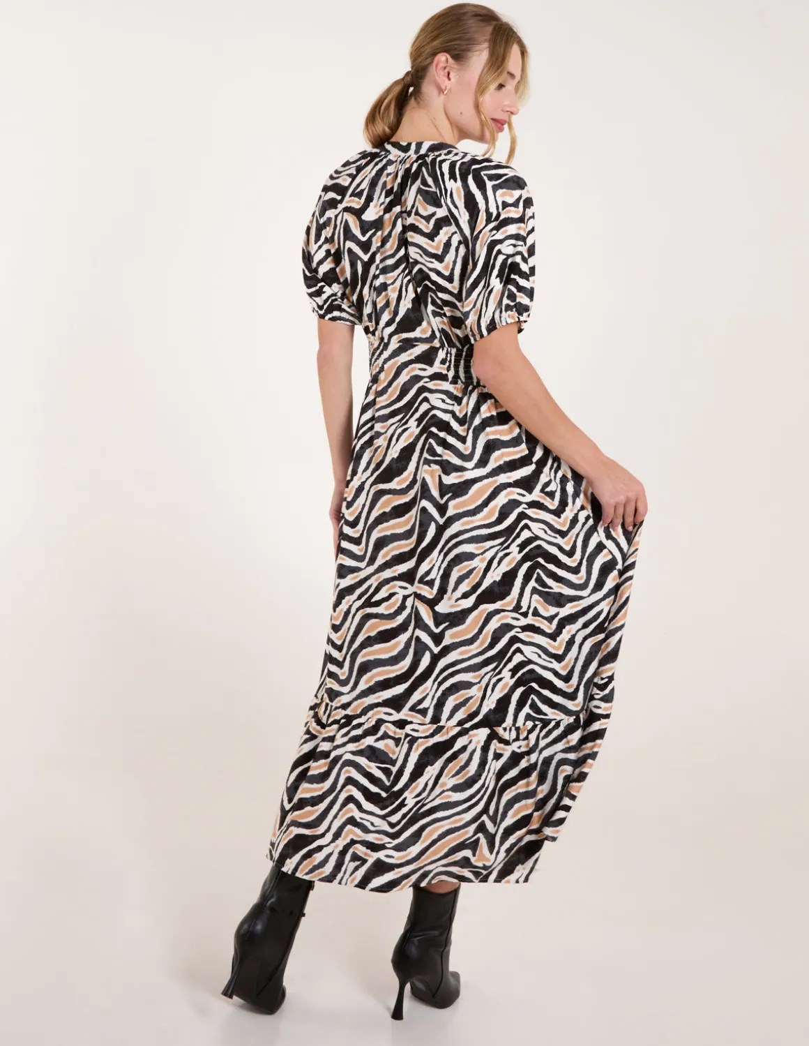 Shirred Waist Button Front Puff Sleeve Midi Dress