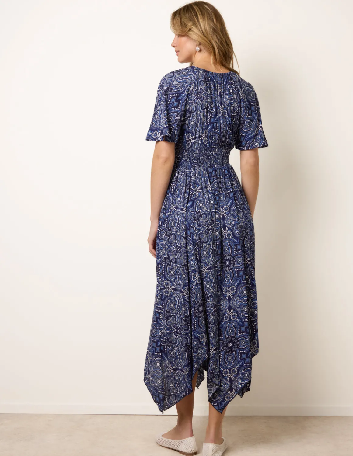 Shirred Waist Hanky Hem Paisley Print Dress