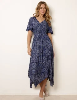 Shirred Waist Hanky Hem Paisley Print Dress