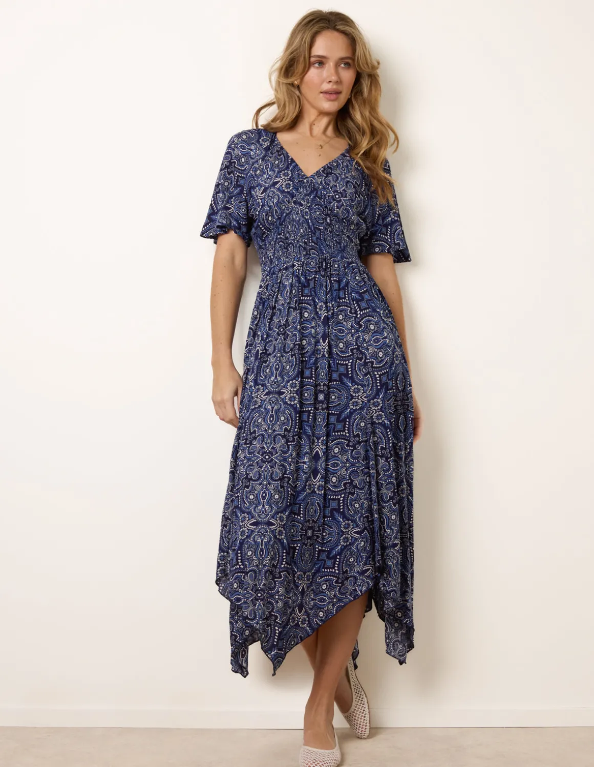 Shirred Waist Hanky Hem Paisley Print Dress