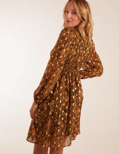 Shirred Waist Leopard Foil Wrap Front Mini Dress