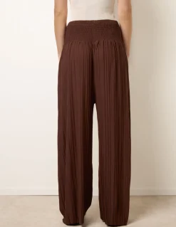 Shirred Waist Pleated Wide Leg Trousers