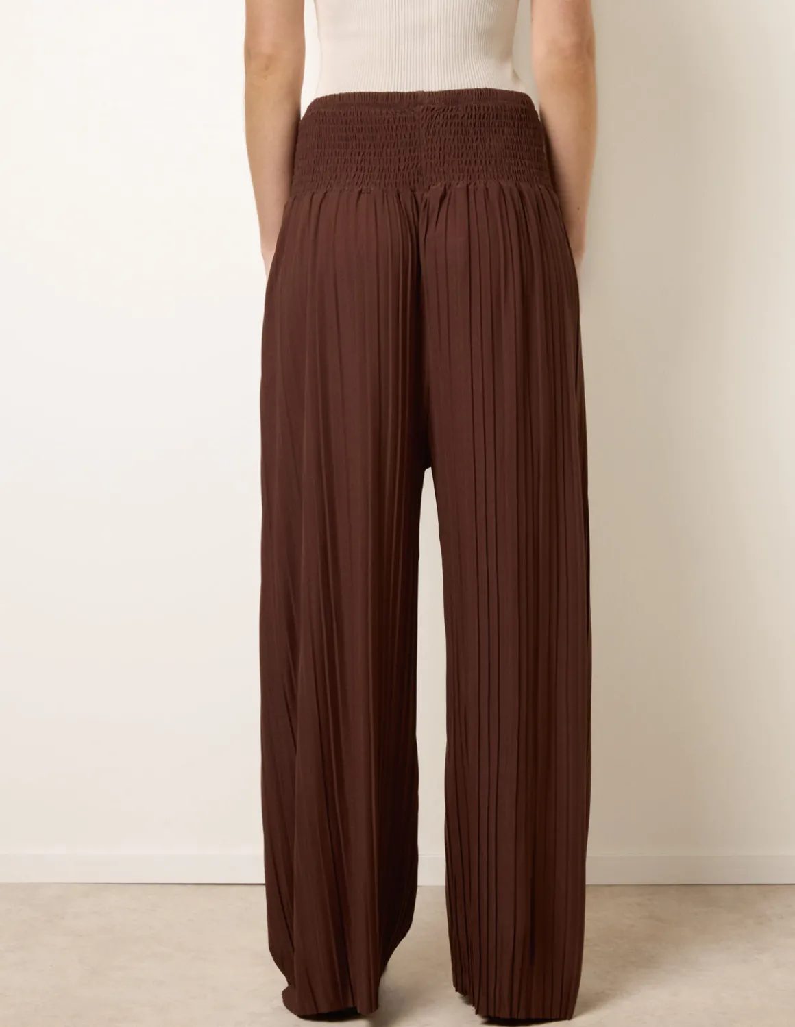 Shirred Waist Pleated Wide Leg Trousers