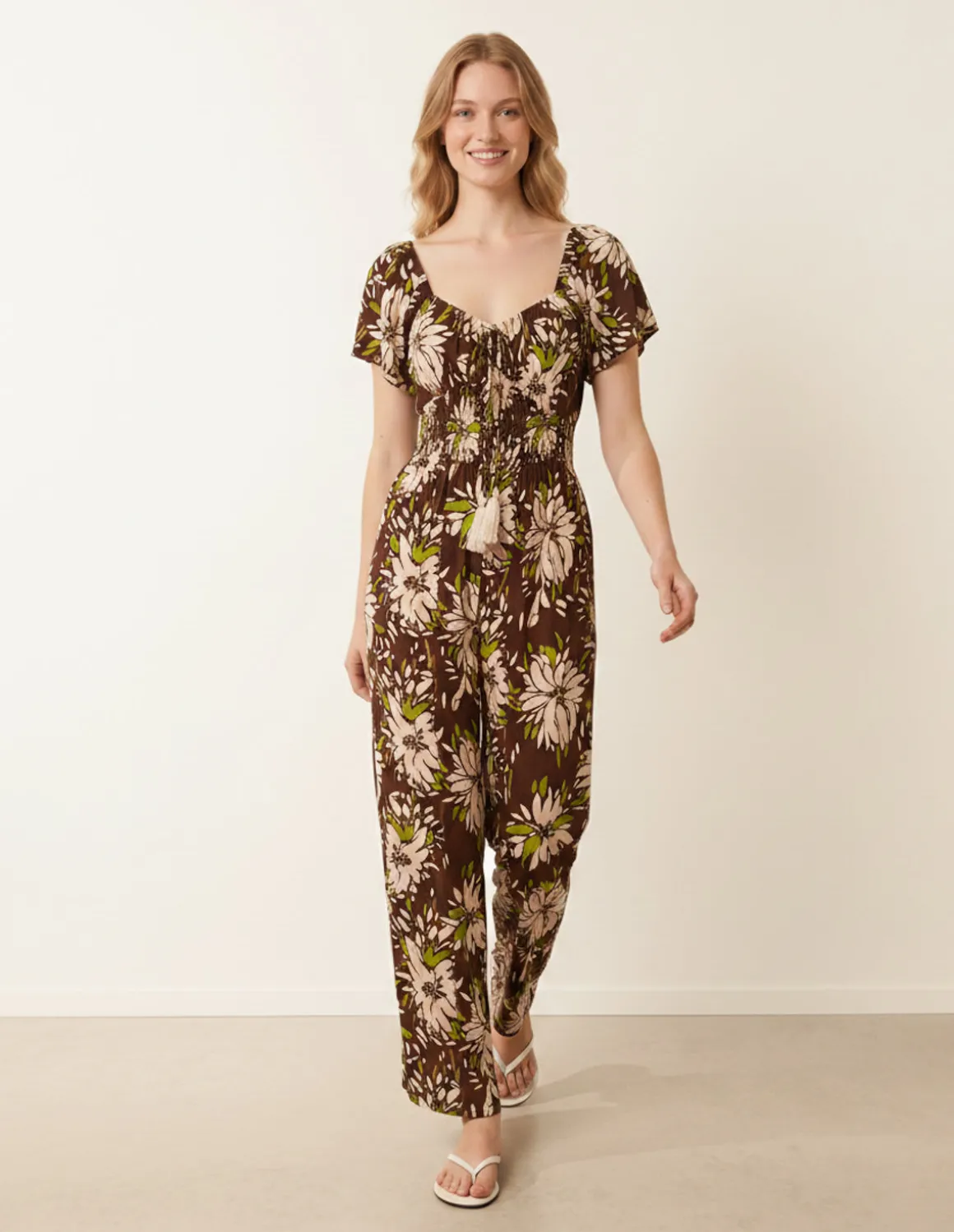 Shirred Waist Wide Leg Jumpsuit