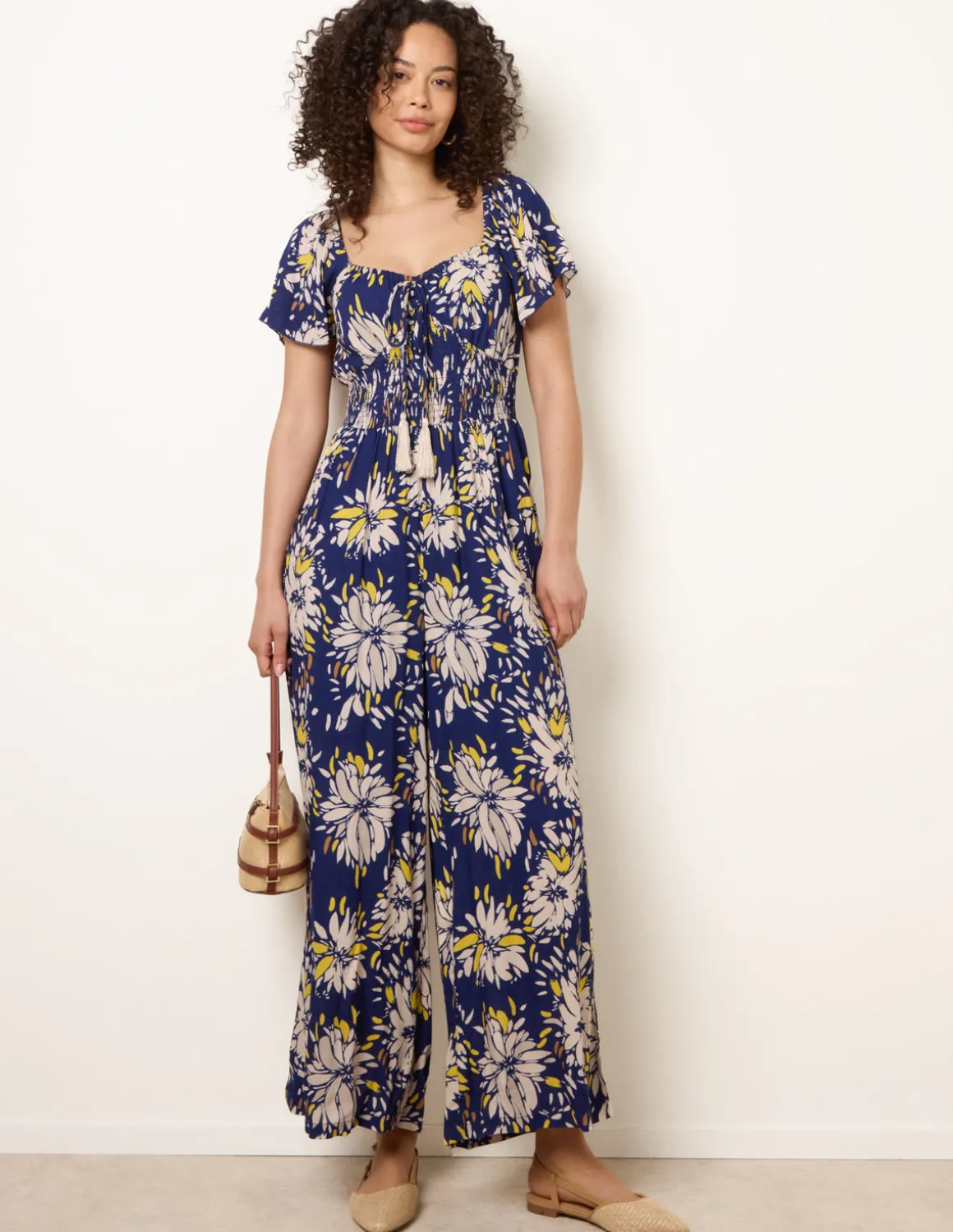 Shirred Waist Wide Leg Jumpsuit