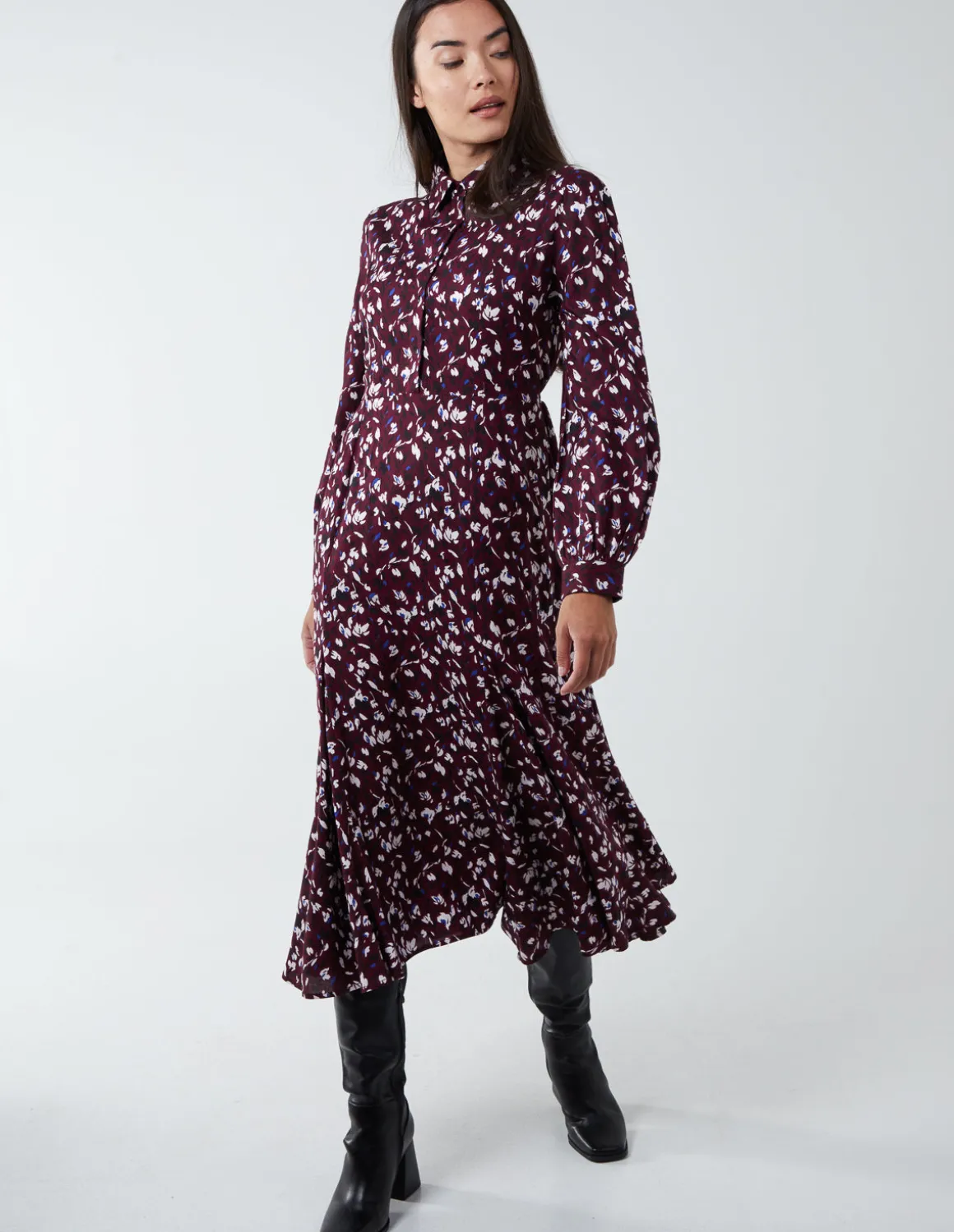 Shirt Midi Dress With Godet Hem