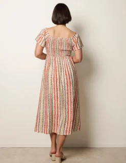 Short Sleeve Shirred Waist Abstract Print Dress