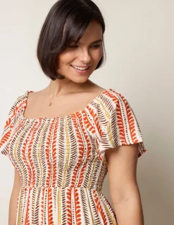 Short Sleeve Shirred Waist Abstract Print Dress