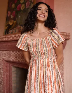 Short Sleeve Shirred Waist Abstract Print Dress