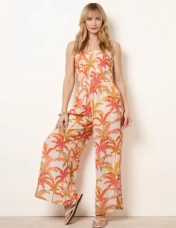 Side Split Flare Leg Tropical Jumpsuit