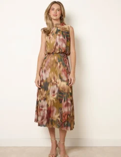 Sleeveless Cowl Neck Pleat Dress