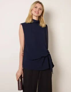 Sleeveless Cowl Tie Front Chiffon Blouse