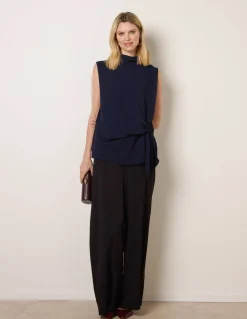Sleeveless Cowl Tie Front Chiffon Blouse
