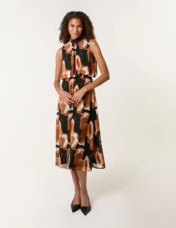 Sleeveless Puffball High Neck Printed Dress