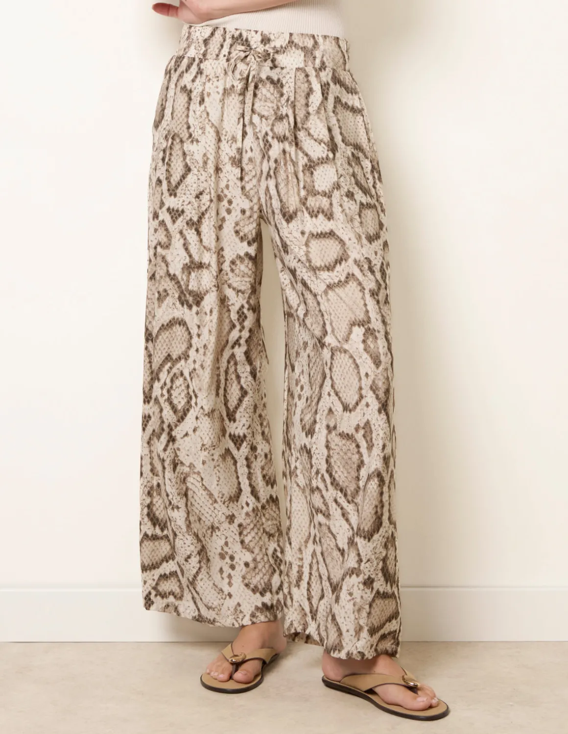 Snake Print Drawstring Wide Leg Trousers