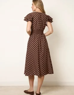Spot Elastic Neck Midi Dress