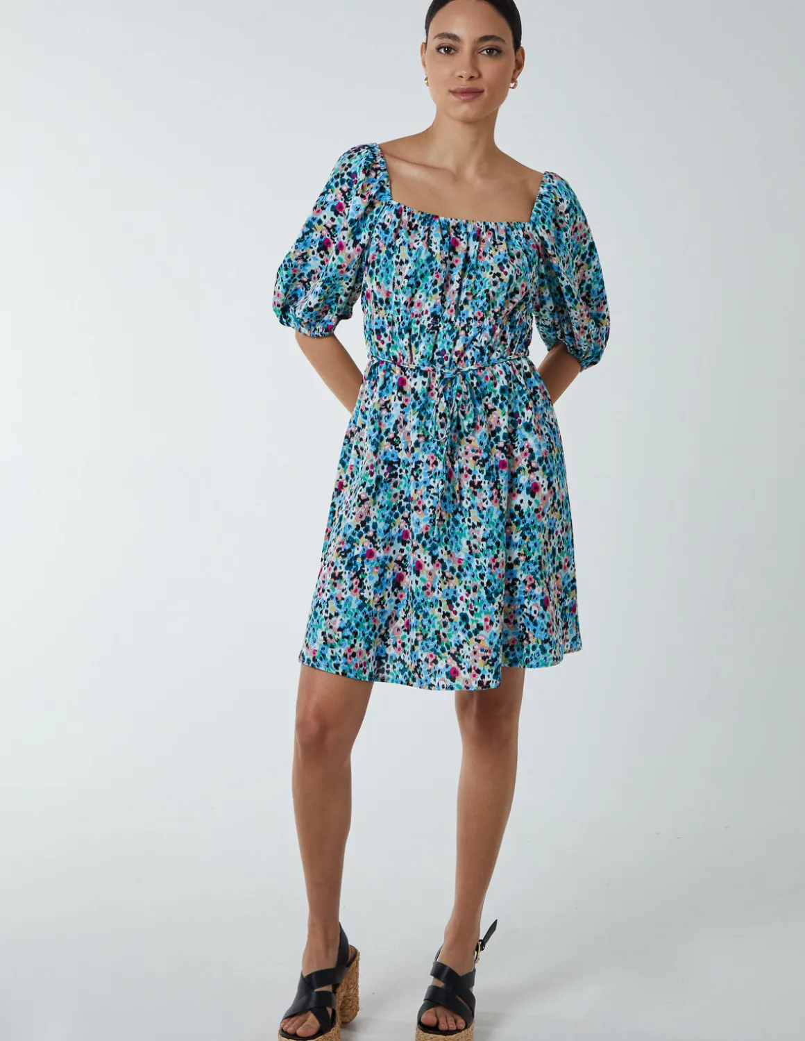 Square Neck Milkmaid Puff Sleeve Mini Dress
