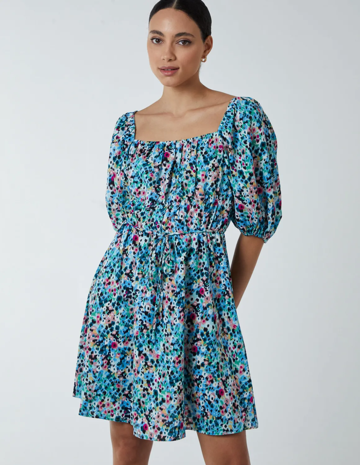 Square Neck Milkmaid Puff Sleeve Mini Dress