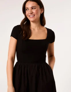 Square Neck Mix Fabric Midi Dress