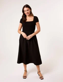Square Neck Mix Fabric Midi Dress