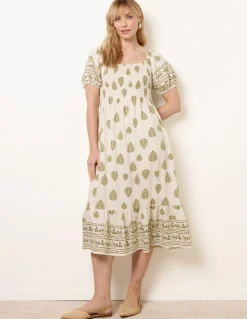 Square Neck Puff Sleeve Shirred Border Midi Dress