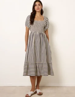 Square Neck Puff Sleeve Stripe Midi Dress