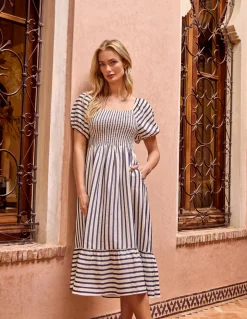 Square Neck Puff Sleeve Stripe Midi Dress