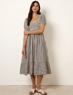 Square Neck Puff Sleeve Stripe Midi Dress